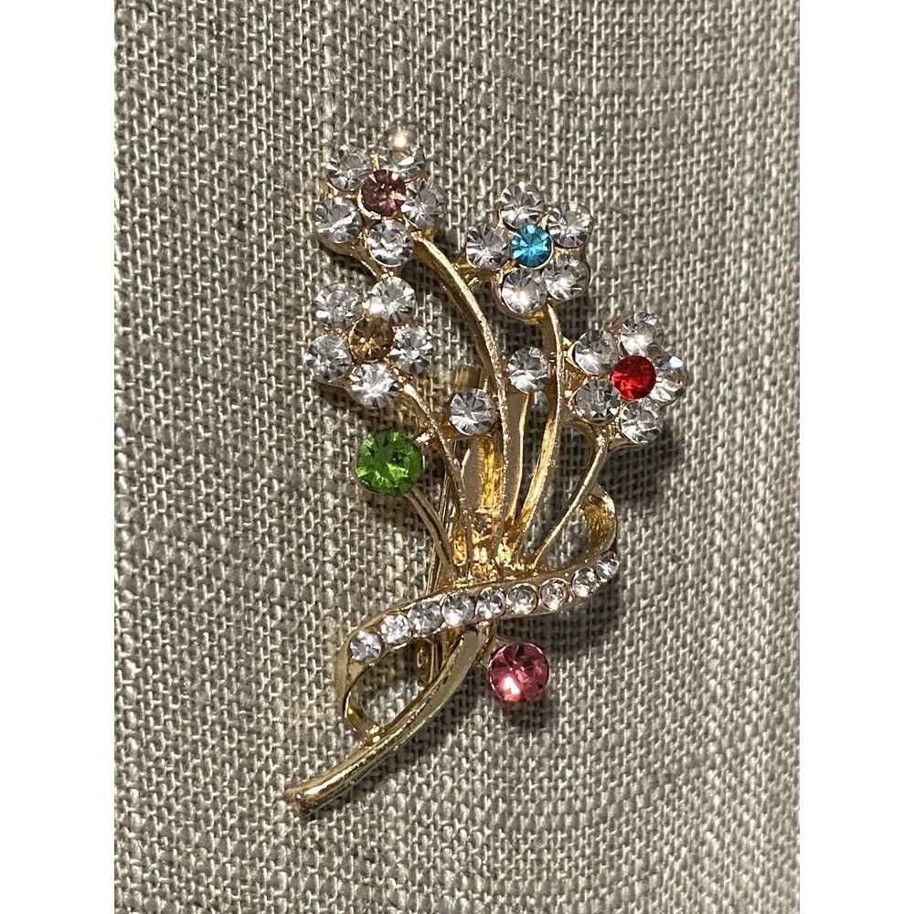 NWT Flowers Bouquet Brooch Lapel Rhinestone Multicolors Gold Toned Hardware